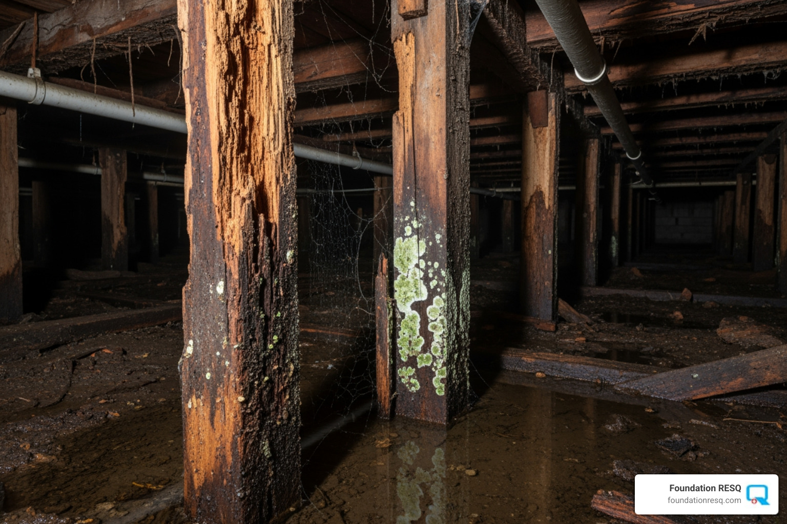 of a damp crawl space with rotting wood posts - crawl space stabilization