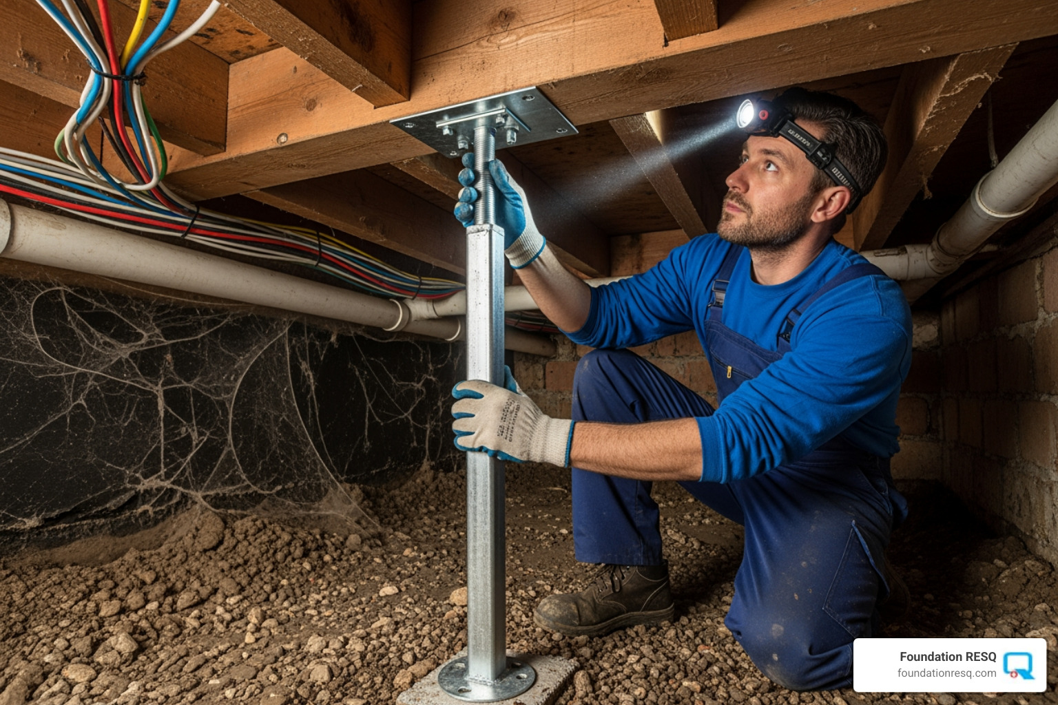 of a professional installing a crawl space stabilizer - crawl space stabilization