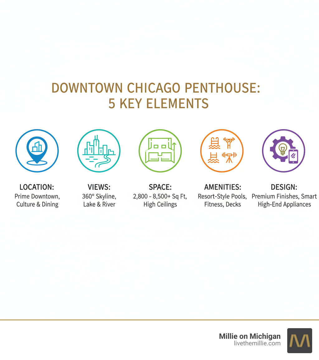 Infographic showing the five key elements of a downtown Chicago penthouse: Location (prime downtown neighborhoods with proximity to culture and dining), Views (360-degree panoramas of skyline, lake, and river), Space (expansive layouts from 2,800 to 8,500+ sq ft with high ceilings), Amenities (resort-style facilities including pools, fitness centers, and observation decks), and Design (premium finishes, smart home technology, and high-end appliances) - penthouse downtown chicago infographic Infographic showing the five key elements of a downtown Chicago penthouse: Location (prime downtown neighborhoods with proximity to culture and dining), Views (360-degree panoramas of skyline, lake, and river), Space (expansive layouts from 2,800 to 8,500+ sq ft with high ceilings), Amenities (resort-style facilities including pools, fitness centers, and observation decks), and Design (premium finishes, smart home technology, and high-end appliances) - penthouse downtown chicago infographic