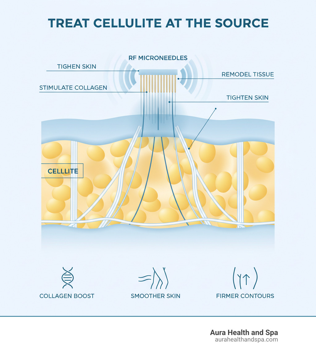 infographic showing how Morpheus8 treats cellulite with cross-section of skin layers, depicting fat cells pushing against fibrous bands, and RF microneedles penetrating deep to stimulate collagen and remodel tissue - morpheus 8 cellulite infographic 