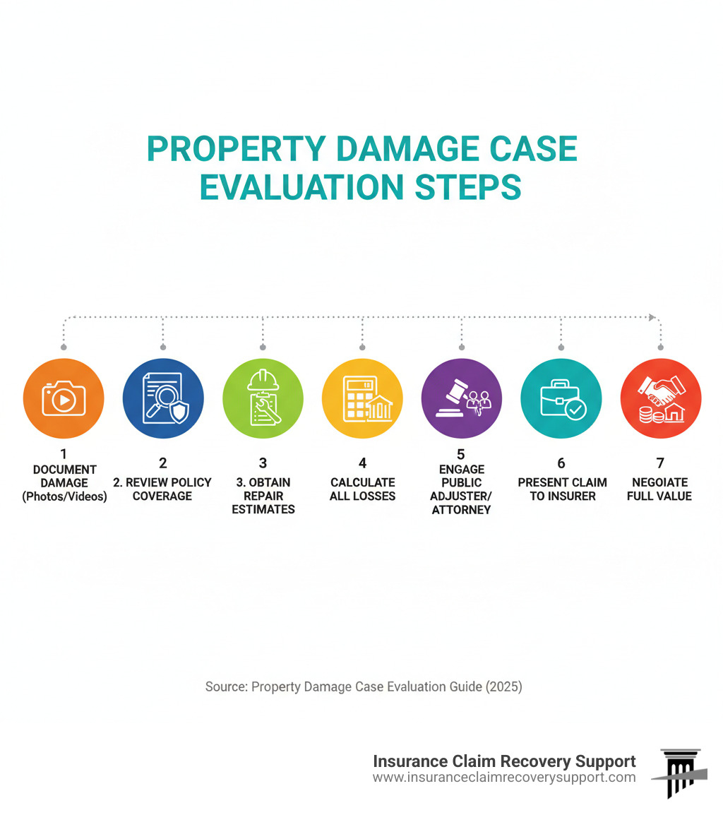 infographic showing the steps of property damage case evaluation: 1. Document all damage with photos and videos, 2. Review your insurance policy for coverage details, 3. Obtain independent repair estimates, 4. Calculate all losses including business interruption, 5. Engage a public adjuster or attorney if needed, 6. Present comprehensive claim to insurer, 7. Negotiate for full replacement cost value - property damage case evaluation infographic 
