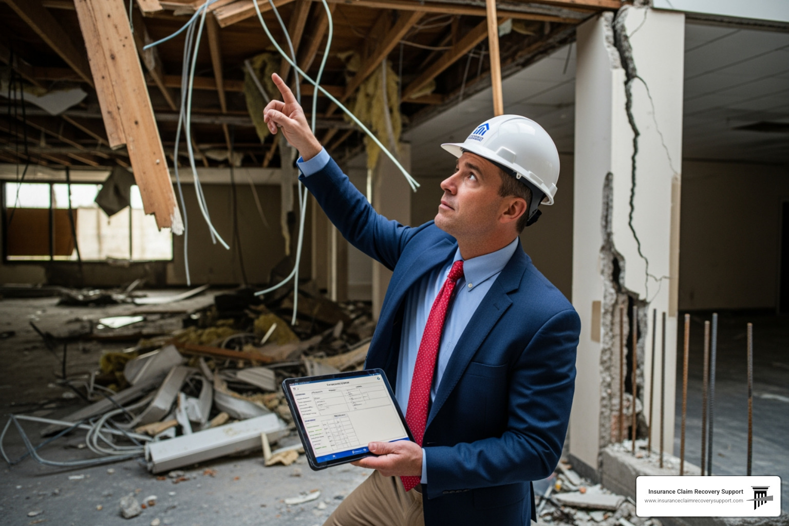 a public adjuster carefully documenting property damage on a tablet - property damage case evaluation