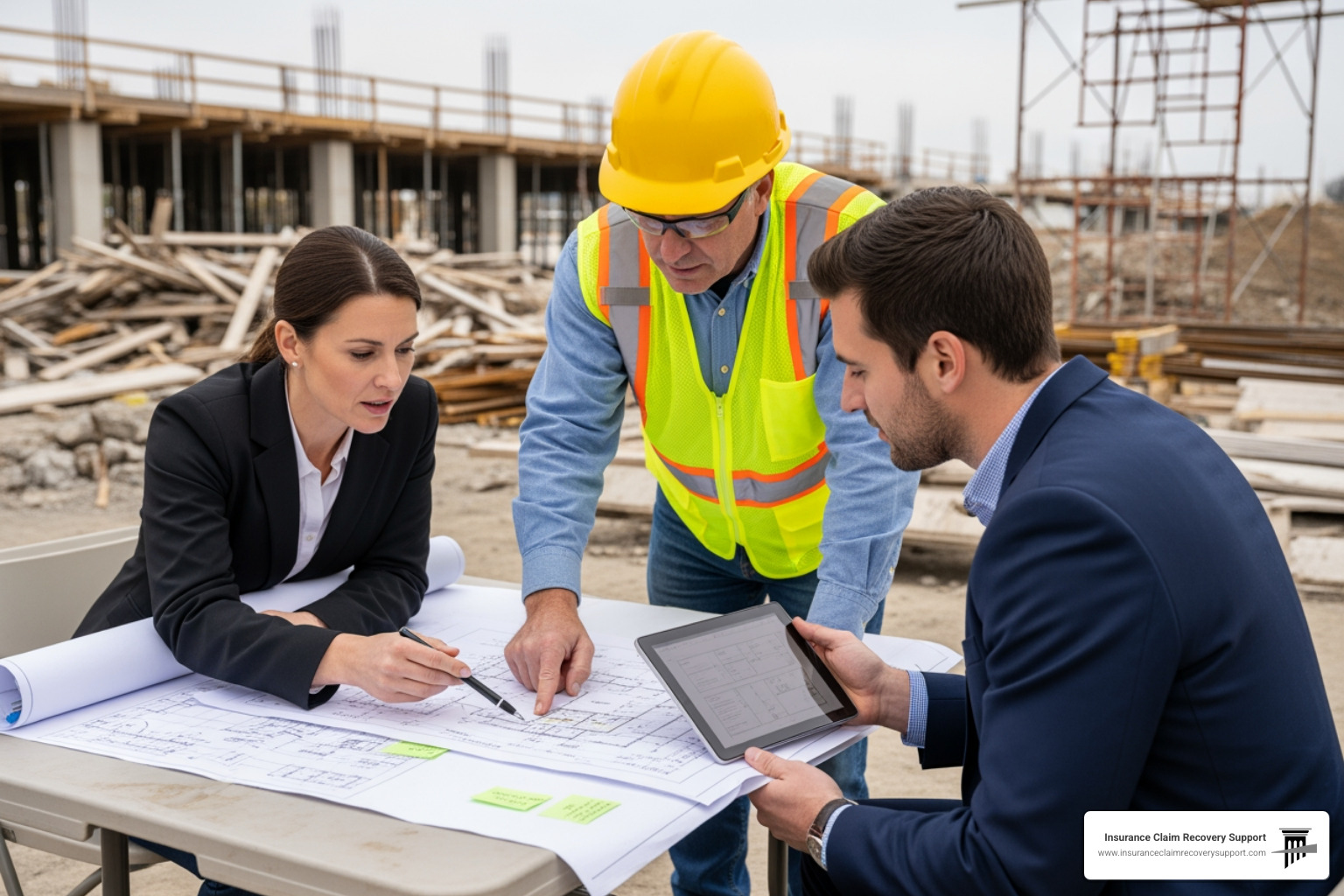 a team including a public adjuster, engineer, and property manager reviewing blueprints at a damage site - property damage case evaluation