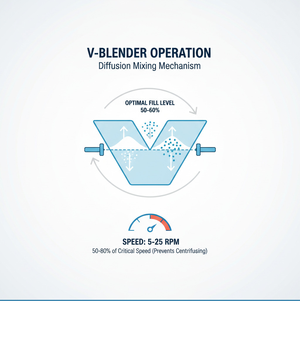 Infographic showing V-blender operation: V-shaped vessel rotating on horizontal axis, with arrows indicating material splitting into two arms, cascading down under gravity, then recombining at the apex. Labels show diffusion mixing mechanism, optimal fill level at 50-60%, and typical speed range of 5-25 RPM with notation that speed should be 50-80% of critical speed to prevent centrifuging. - what is the speed for pharmacutical blending using v blender infographic Infographic showing V-blender operation: V-shaped vessel rotating on horizontal axis, with arrows indicating material splitting into two arms, cascading down under gravity, then recombining at the apex. Labels show diffusion mixing mechanism, optimal fill level at 50-60%, and typical speed range of 5-25 RPM with notation that speed should be 50-80% of critical speed to prevent centrifuging. - what is the speed for pharmacutical blending using v blender infographic