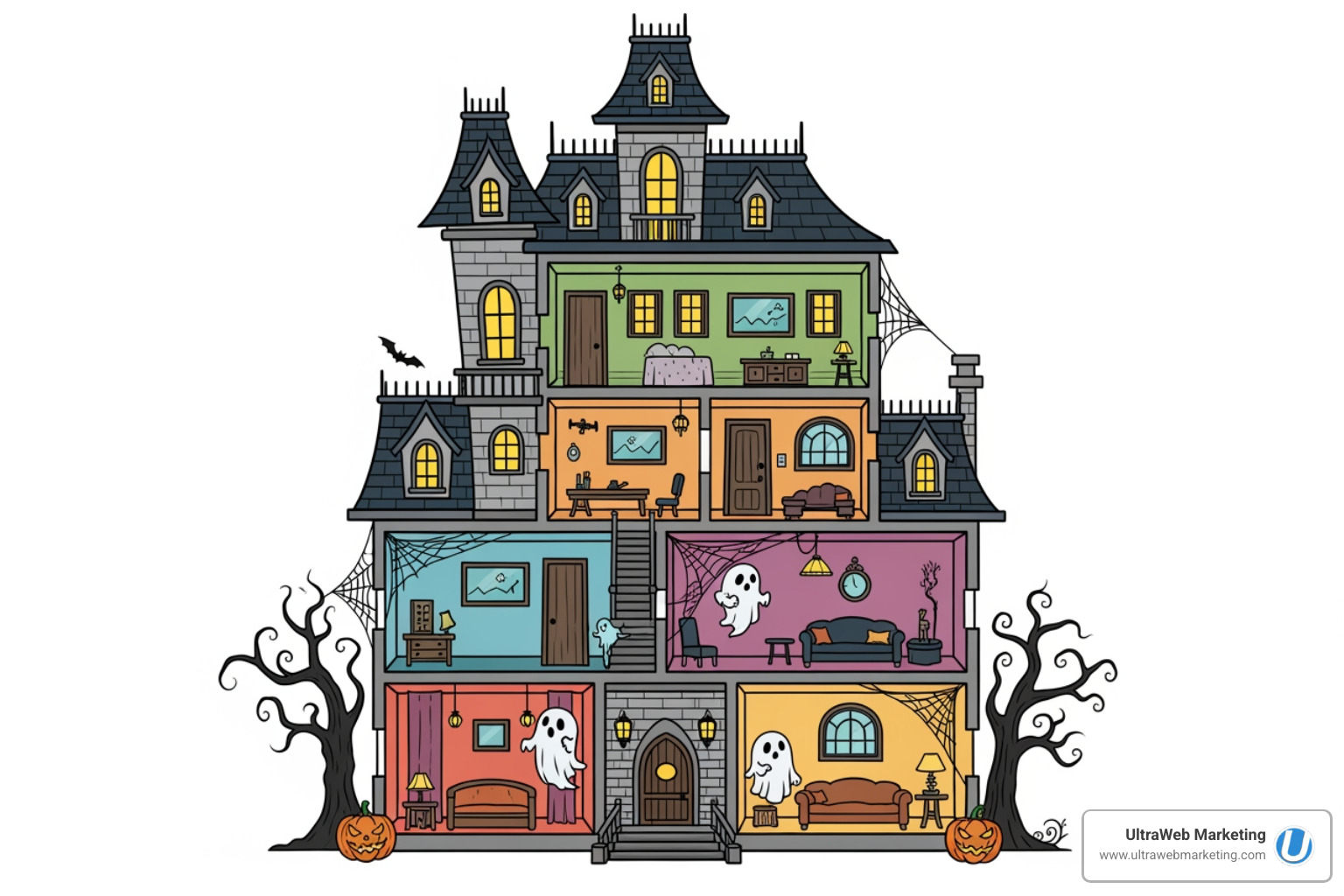 Google Ads account structure hierarchy, depicted as a haunted mansion with different rooms for campaigns and ad groups - Google Ads Management