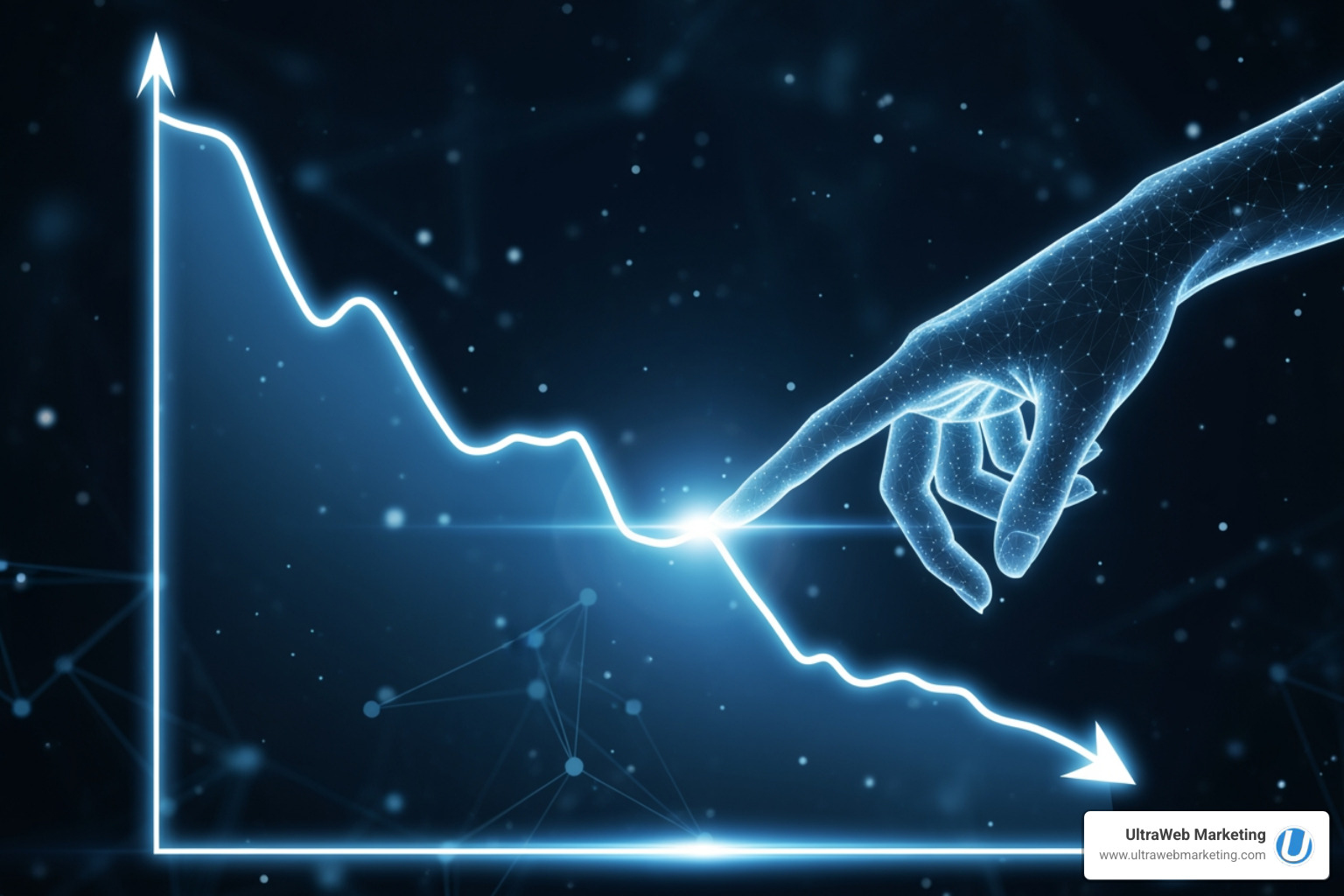 Graph showing cost-per-conversion decreasing over time with optimization, with a spooky hand adjusting the curve downwards - Google Ads Management