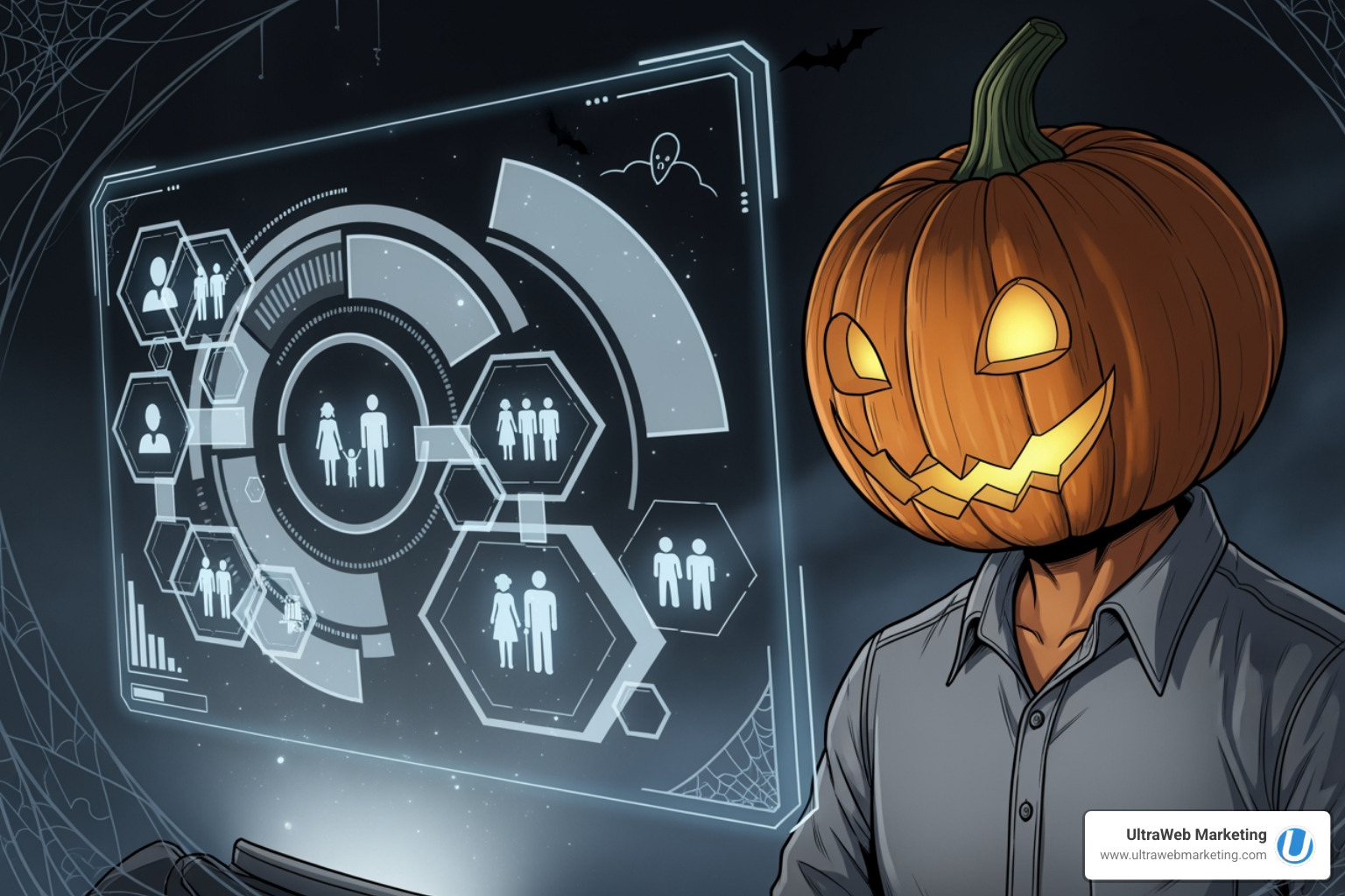 Google Ads audience targeting interface with a friendly pumpkin head representing a targeted user - Google Ads Management