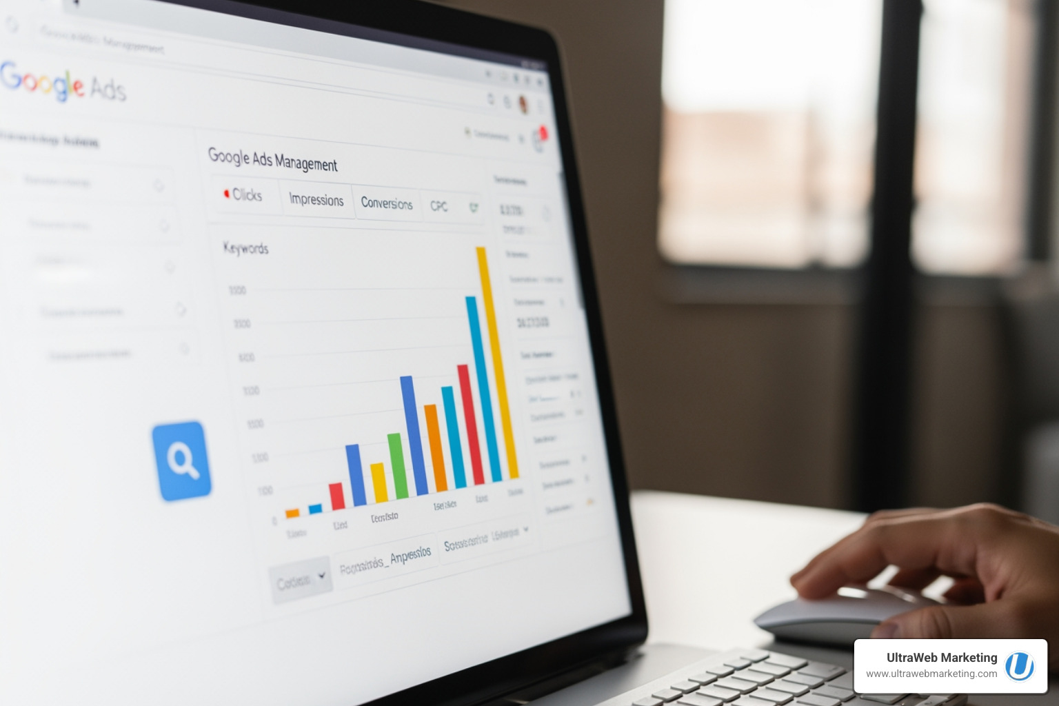 A friendly ghost giving a thumbs up to a successful Google Ads campaign dashboard, with text "We won't ghost you!" - Google Ads Management