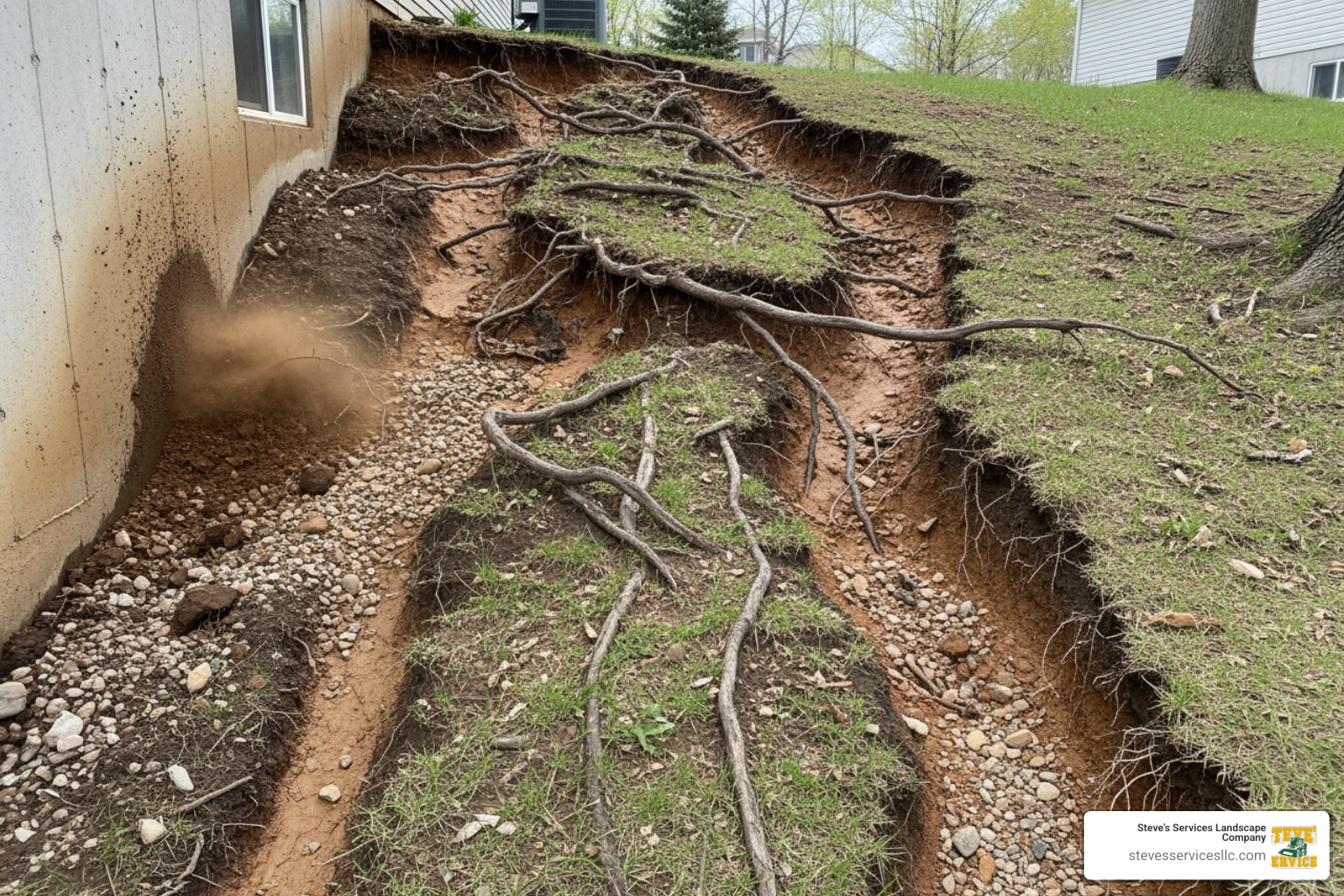 sloped yard showing signs of soil erosion near a home's foundation - Retaining wall Reading MA