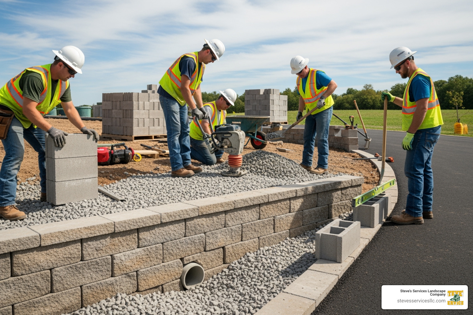 construction team installing a segmental block retaining wall with proper drainage - Retaining wall Reading MA