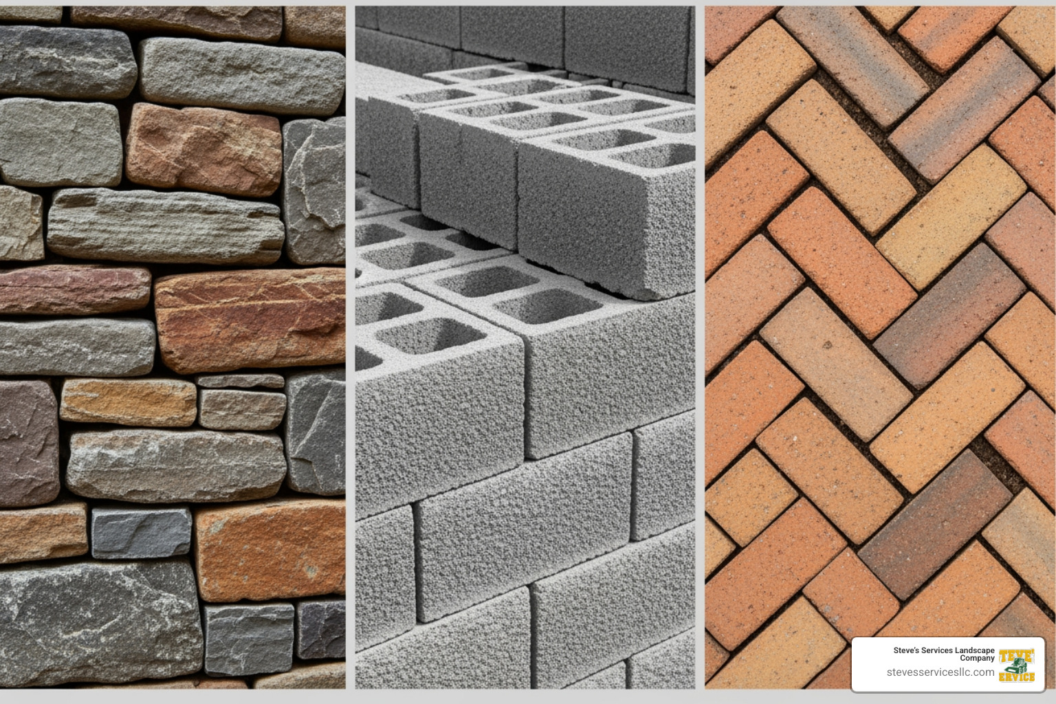A collage image showcasing various retaining wall materials including natural stone, concrete blocks, and brick pavers arranged artistically to highlight their textures and colors - Retaining wall Reading MA