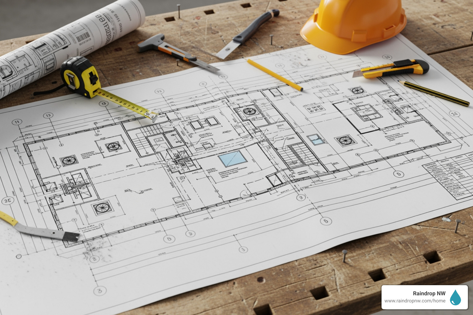 A detailed blueprint of a commercial roof layout with construction tools - licensed commercial new and replacement roofs contractor in vancouver wa