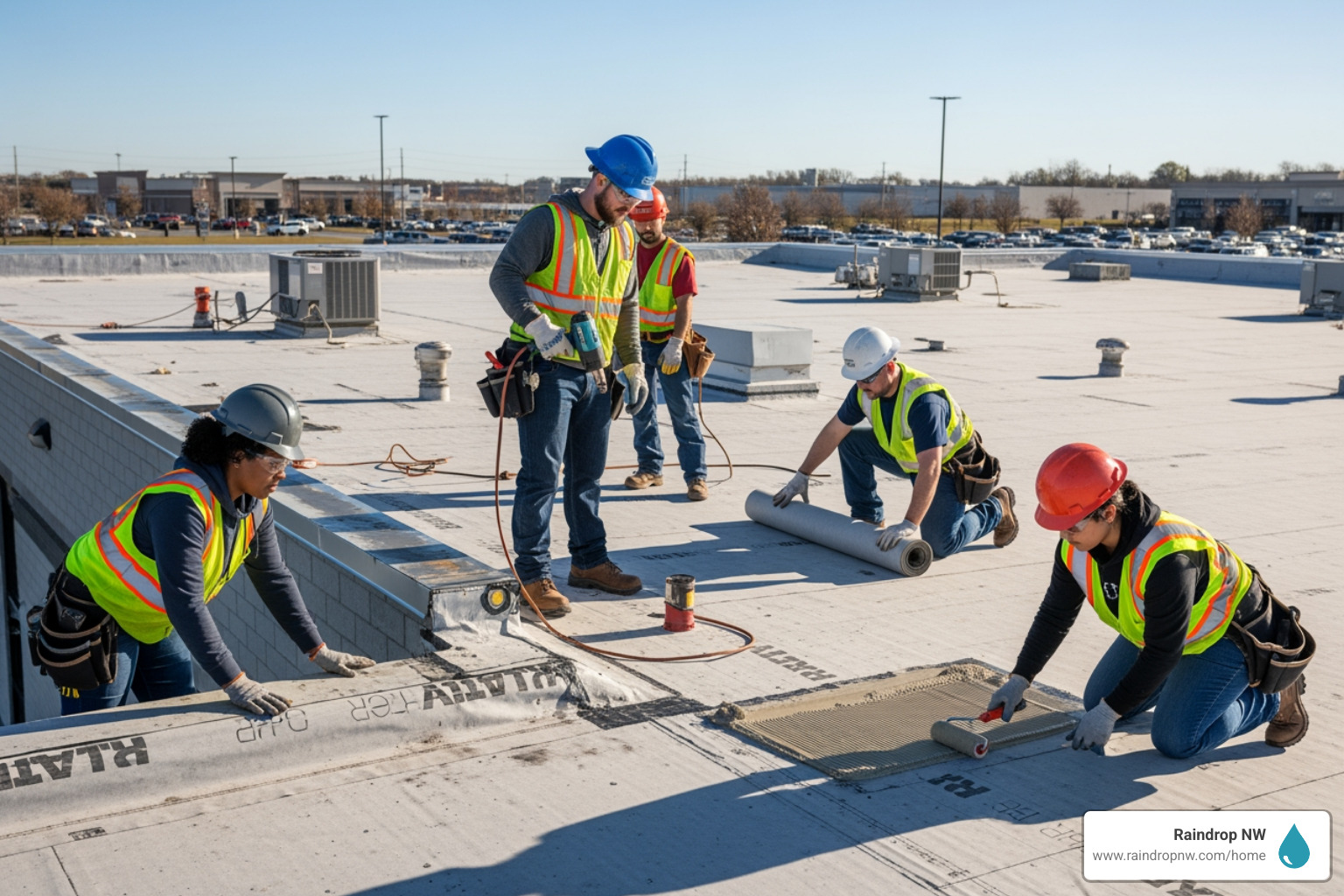 A professional roofing team working safely on a commercial project - licensed commercial new and replacement roofs contractor in vancouver wa