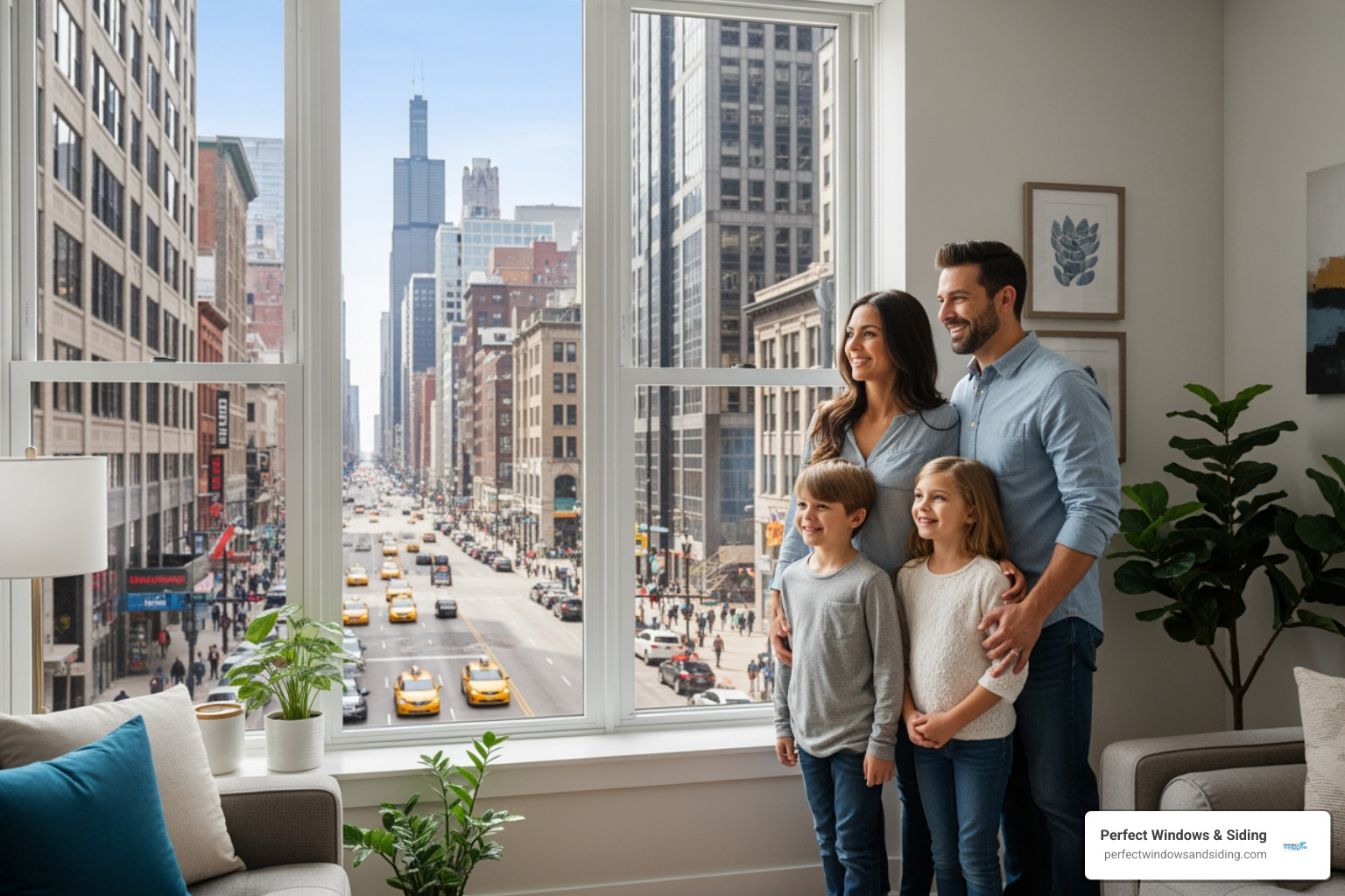Happy family in bright living room with new windows looking out onto a Chicago street - window replacement for house chicago