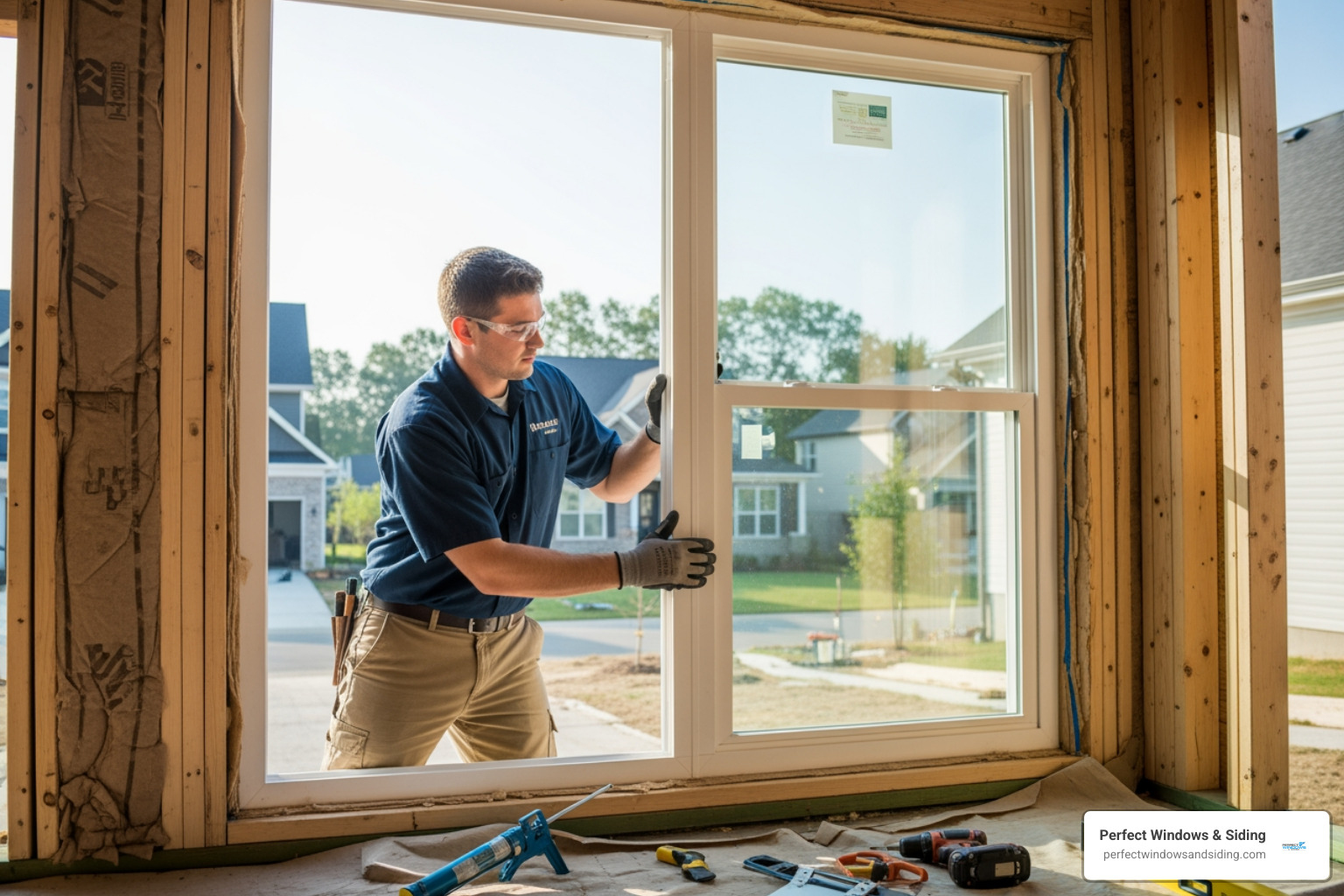 Professional installer carefully fitting a new window into a frame - window replacement for house chicago
