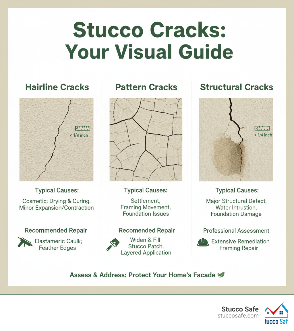Infographic showing three types of stucco cracks: hairline cracks (less than 1/8 inch wide, typically cosmetic), pattern cracks (forming geometric patterns, may indicate settlement), and structural cracks (wider than 1/4 inch, often with displacement or water stains, requiring professional assessment). Each crack type includes visual representation, typical causes, and recommended repair approach. - how to fix cracks in exterior stucco walls infographic Infographic showing three types of stucco cracks: hairline cracks (less than 1/8 inch wide, typically cosmetic), pattern cracks (forming geometric patterns, may indicate settlement), and structural cracks (wider than 1/4 inch, often with displacement or water stains, requiring professional assessment). Each crack type includes visual representation, typical causes, and recommended repair approach. - how to fix cracks in exterior stucco walls infographic