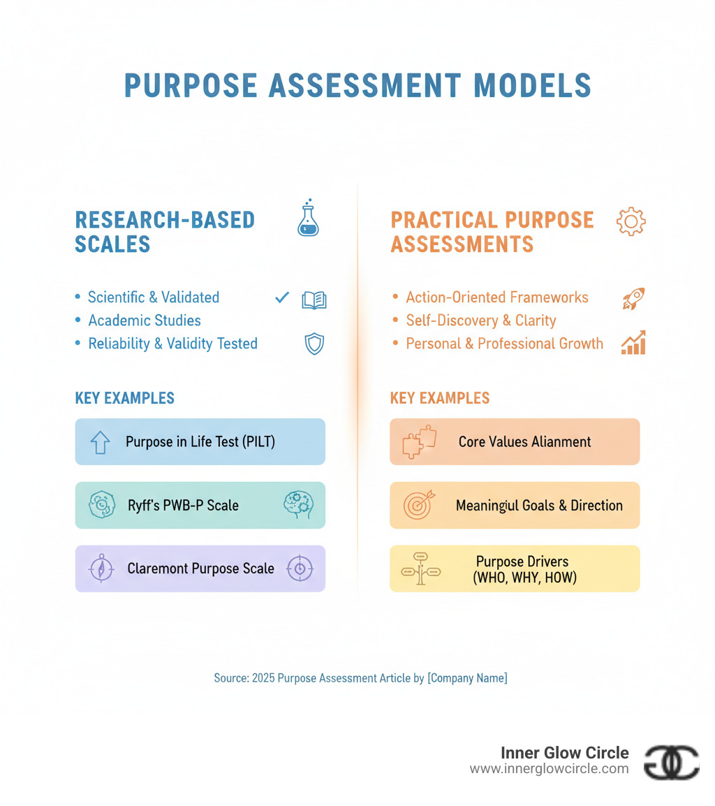 table comparing research-based vs. practical purpose assessments - purpose assessment infographic 