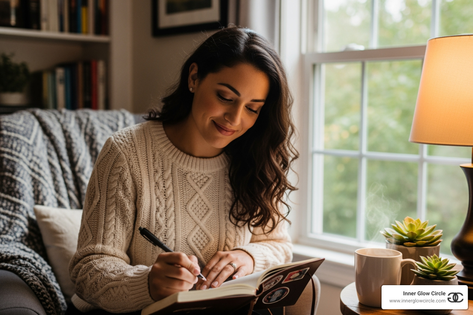 woman journaling with a smile in a cozy, well-lit space - purpose assessment