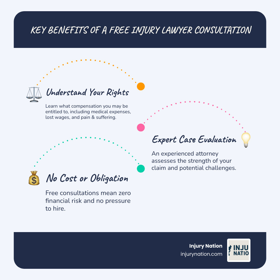 infographic showing three main benefits: 1. Understand Your Rights - Learn what compensation you may be entitled to including medical expenses lost wages and pain and suffering, 2. Get a Case Evaluation - An experienced attorney assesses the strength of your claim and potential challenges, 3. No Cost or Obligation - Free consultations mean zero financial risk and no pressure to hire - injury lawyer free consultation infographic infographic-line-3-steps-blues-accent_colors infographic showing three main benefits: 1. Understand Your Rights - Learn what compensation you may be entitled to including medical expenses lost wages and pain and suffering, 2. Get a Case Evaluation - An experienced attorney assesses the strength of your claim and potential challenges, 3. No Cost or Obligation - Free consultations mean zero financial risk and no pressure to hire - injury lawyer free consultation infographic infographic-line-3-steps-blues-accent_colors