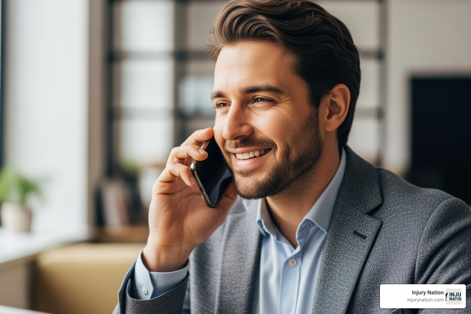 a person looking relieved while on the phone - injury lawyer free consultation a person looking relieved while on the phone - injury lawyer free consultation