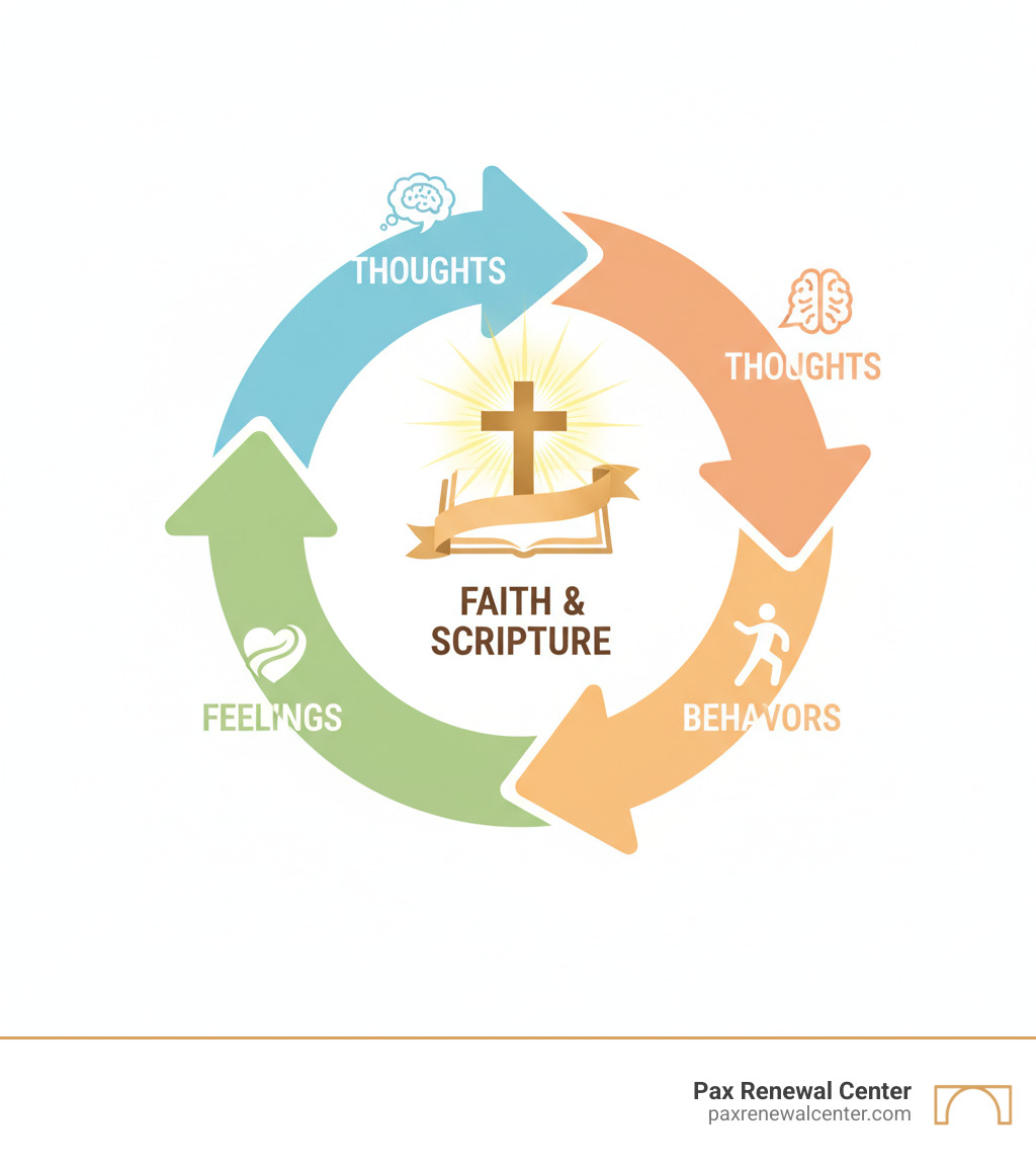 infographic showing the cycle of thoughts, feelings, and behaviors with Faith and Scripture as the central influencing element in brand colors - faith based CBT infographic 
