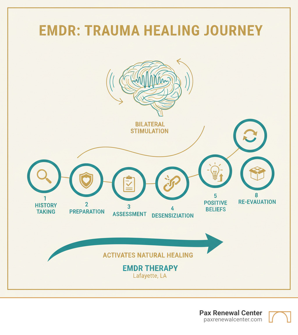 Infographic showing how EMDR therapy helps reprocess traumatic memories through eight phases: history taking, preparation, assessment, desensitization, installation of positive beliefs, body scan, closure, and re-evaluation, with bilateral stimulation activating the brain's natural healing process in brand colors teal and gold - EMDR therapy Lafayette infographic 