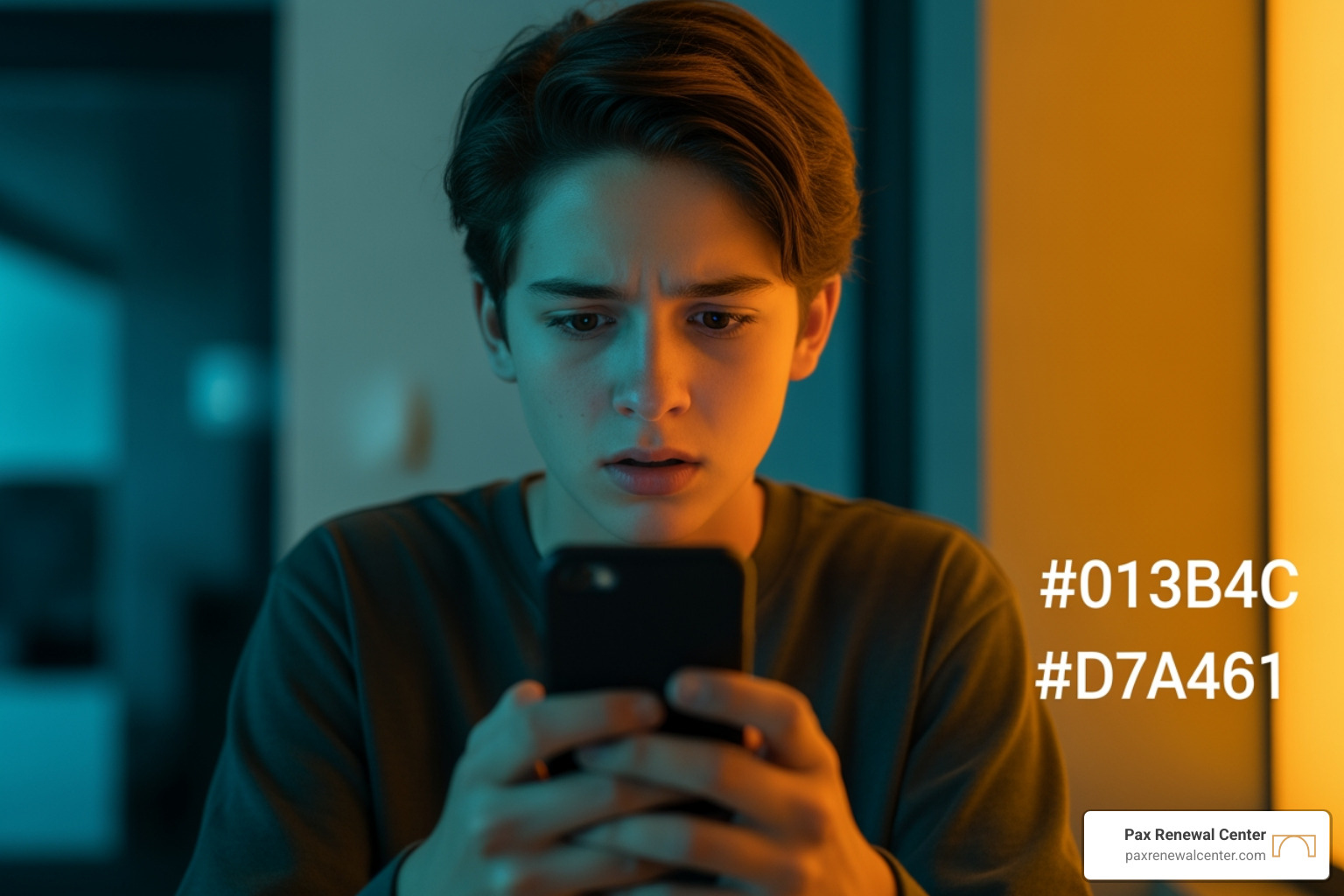 teenager looking at phone with a worried expression, in brand colors #013B4C and #D7A461 - teen anxiety disorder