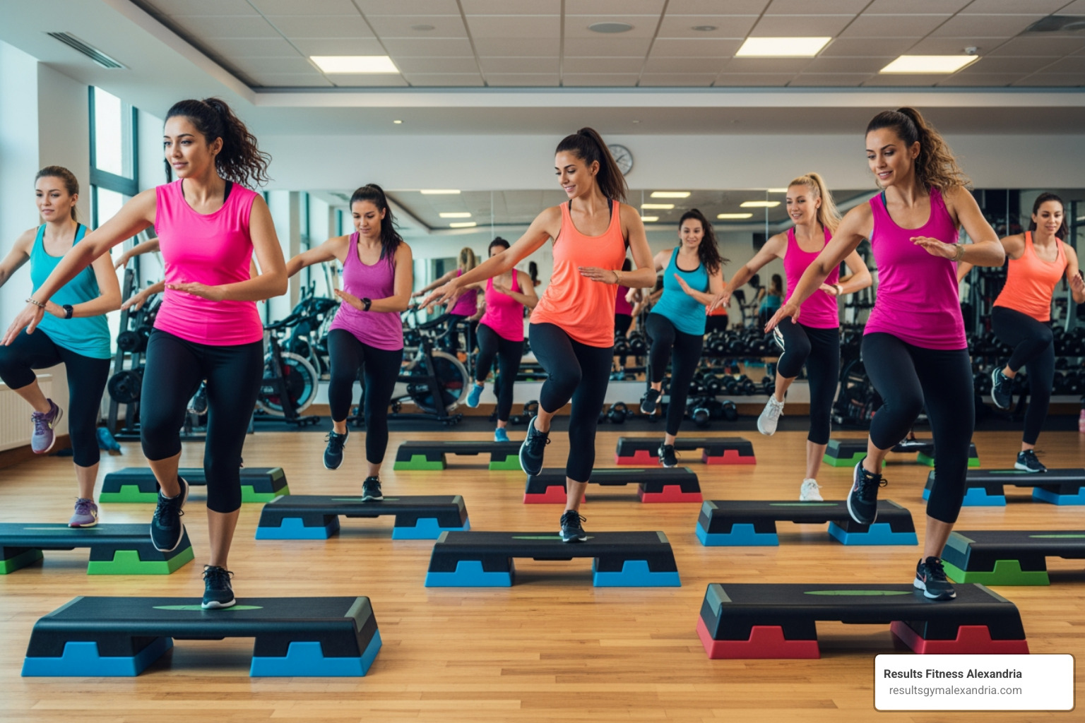 class using aerobic steps in a dynamic way - hip hop fitness classes near me