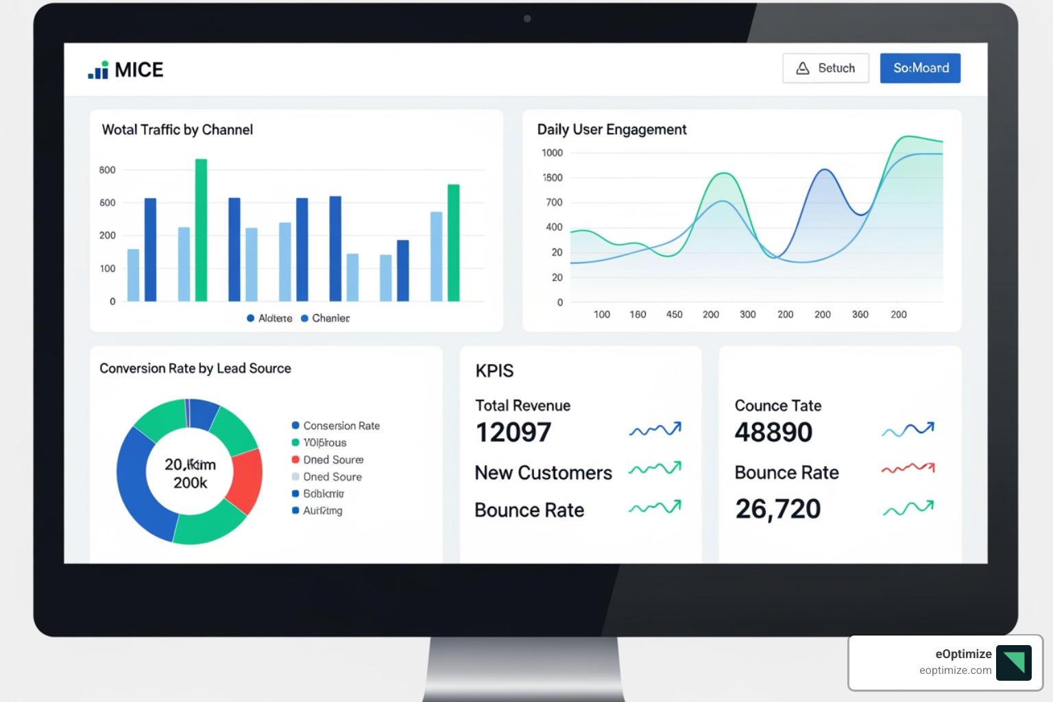 Dashboard showing GEO-specific metrics such as "Share of AI Answers," "Context of Mentions (positive/neutral/negative)," "Brand Representation Analysis," alongside traditional metrics like "Organic Traffic" and "Conversion Rate." - generative engine optimization geo-targeting accuracy nationwide brand