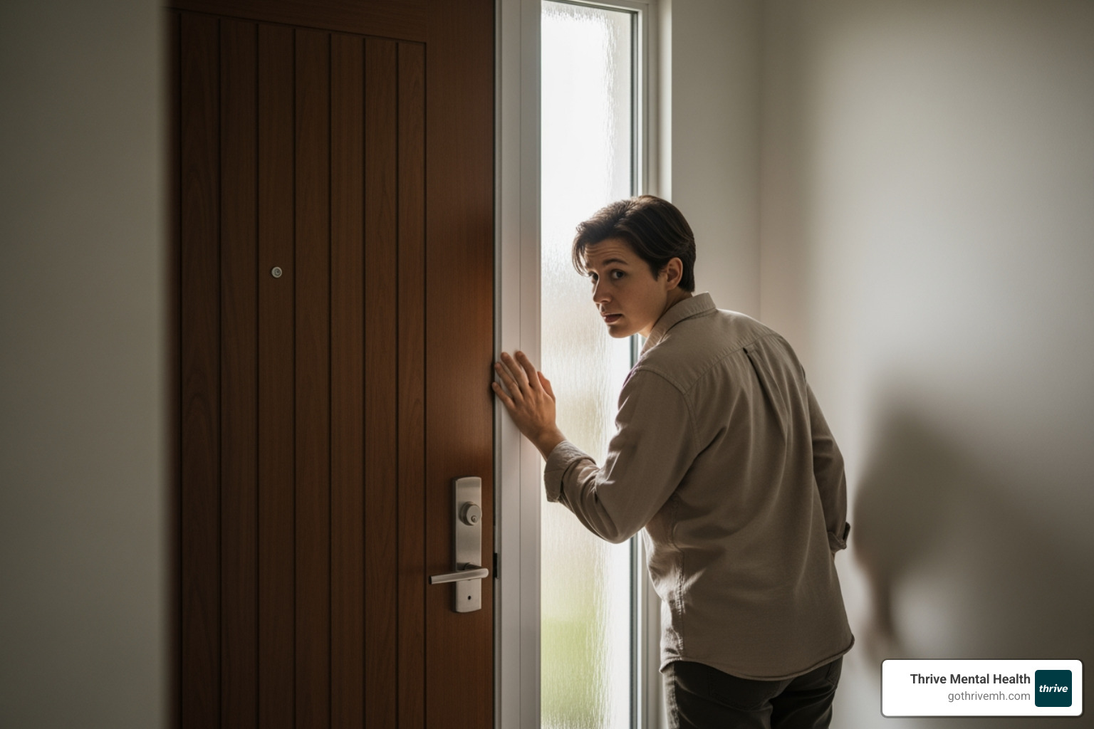 A person anxiously looking back at their front door, symbolizing checking compulsions in OCD - what are the 4 types of ocd