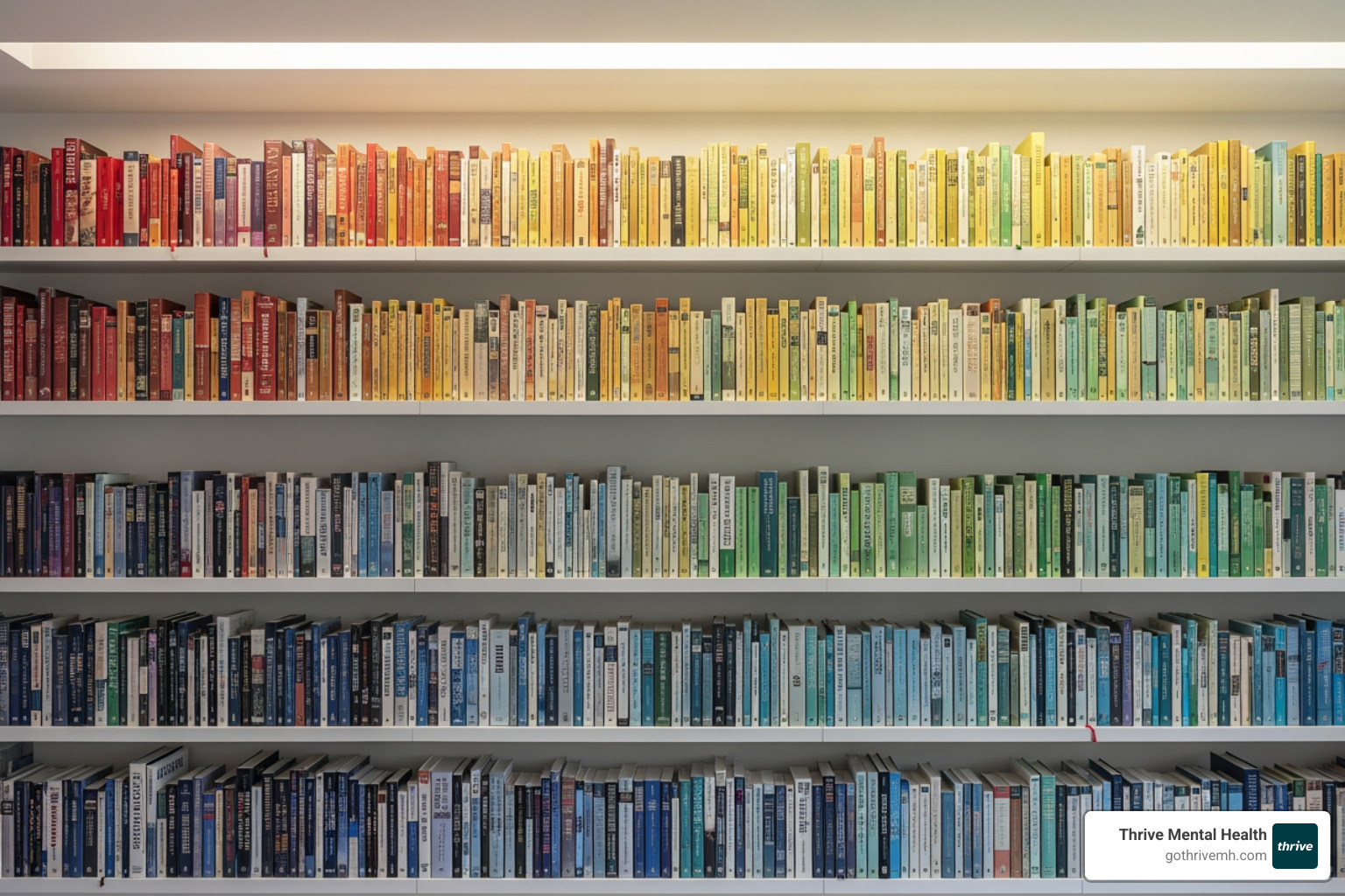 Perfectly aligned books on a shelf, illustrating symmetry and ordering OCD - what are the 4 types of ocd