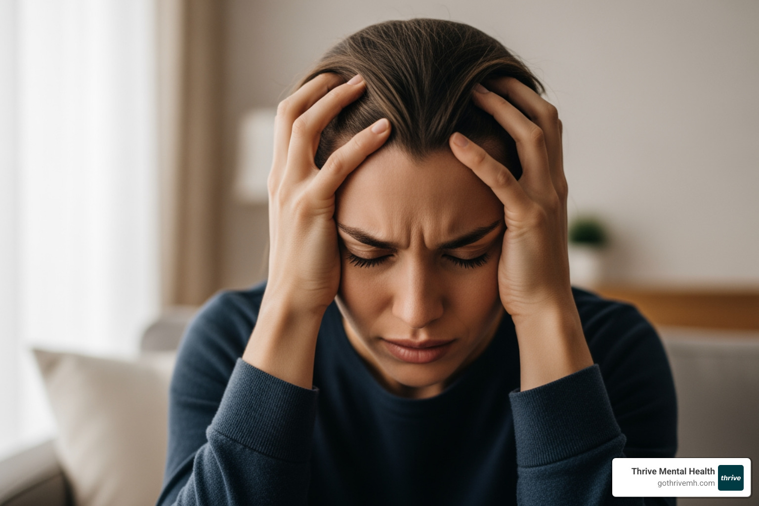 A person holding their head, distressed by intrusive thoughts - what are the 4 types of ocd