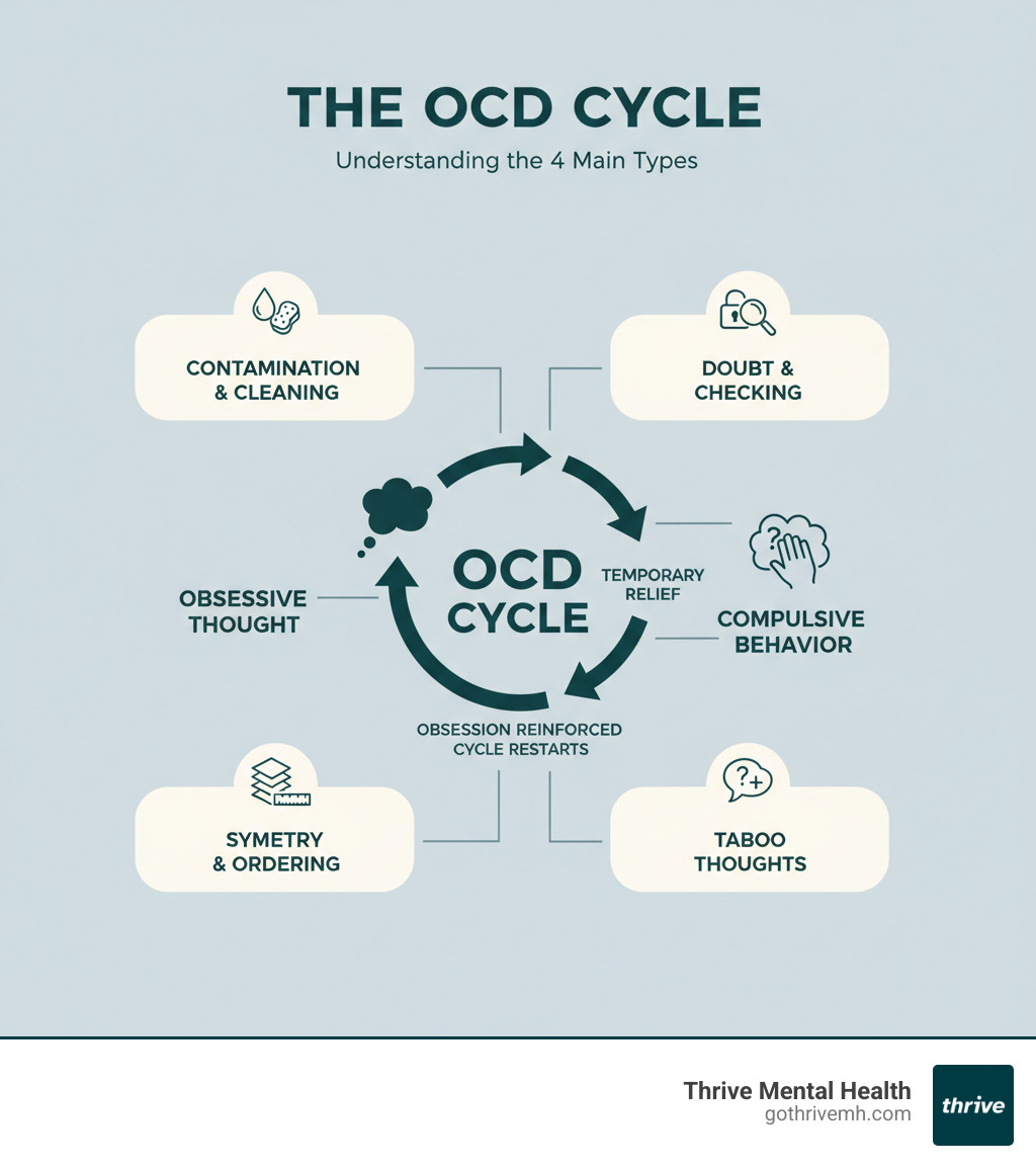 Infographic showing the OCD cycle: obsessive thought triggers anxiety, which leads to compulsive behavior for temporary relief, which reinforces the obsession and restarts the cycle. The four main OCD types are shown branching from this core cycle: Contamination & Cleaning, Doubt & Checking, Symmetry & Ordering, and Taboo Thoughts - what are the 4 types of ocd infographic 