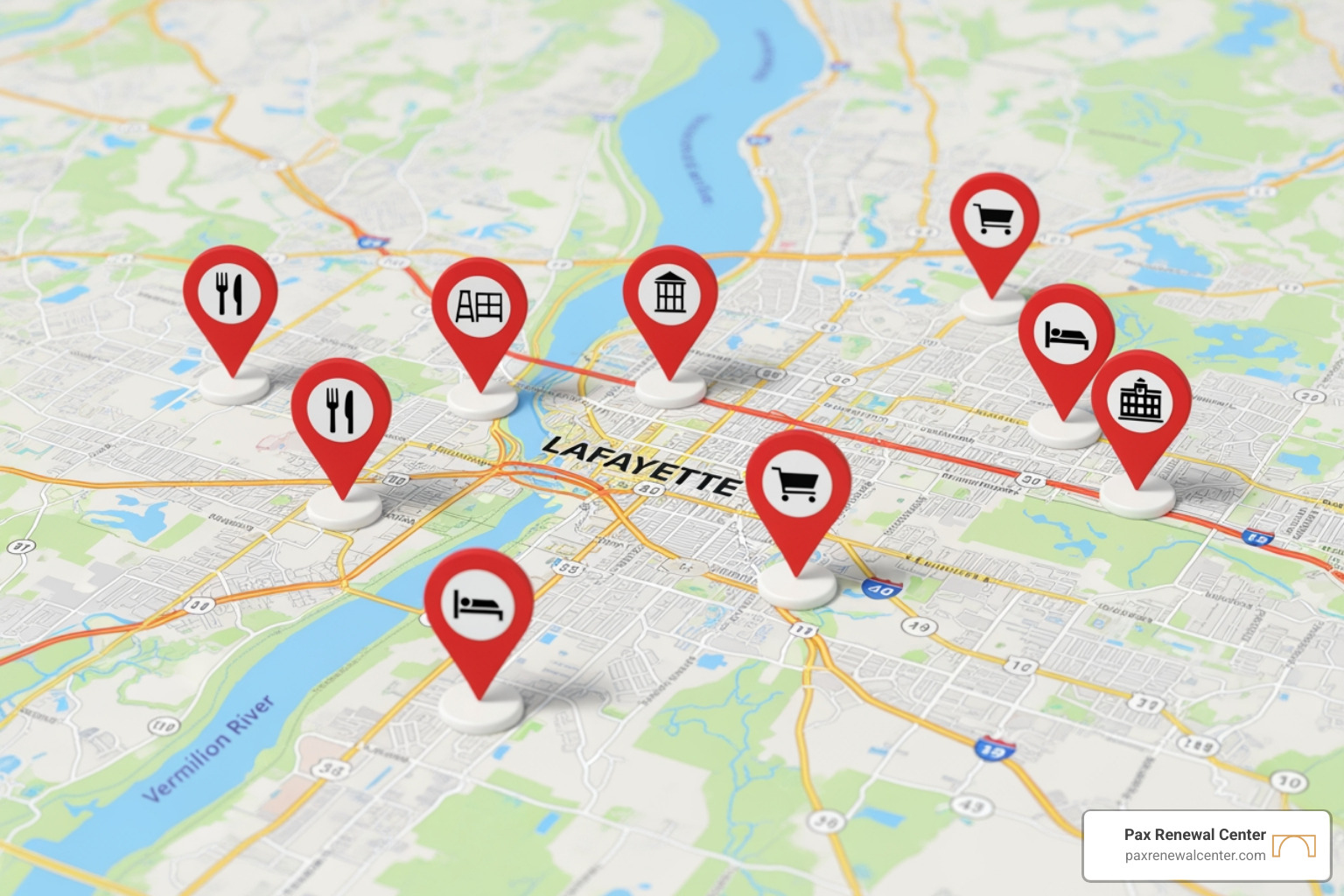 map of Lafayette, LA with location pins - ocd therapy lafayette la