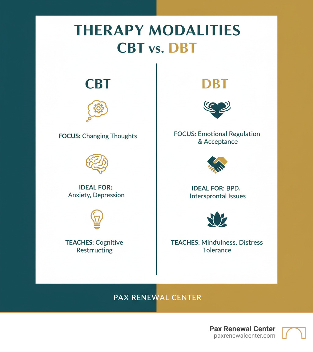 Infographic comparing CBT and DBT: CBT focuses on changing thoughts, ideal for anxiety/depression, teaches cognitive restructuring. DBT focuses on emotional regulation/acceptance, ideal for BPD/interpersonal issues, teaches mindfulness/distress tolerance. Branded in Pax Renewal Center colors: deep teal #013B4C and gold #D7A461 - cbt therapy lafayette la infographic Infographic comparing CBT and DBT: CBT focuses on changing thoughts, ideal for anxiety/depression, teaches cognitive restructuring. DBT focuses on emotional regulation/acceptance, ideal for BPD/interpersonal issues, teaches mindfulness/distress tolerance. Branded in Pax Renewal Center colors: deep teal #013B4C and gold #D7A461 - cbt therapy lafayette la infographic