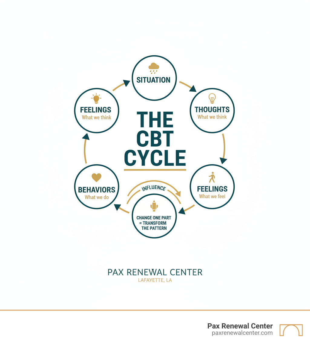 Infographic showing the CBT cycle: Situation leads to Thoughts, which influence Feelings, which drive Behaviors, which then reinforce Thoughts—illustrating how changing one part of the cycle can transform the whole pattern. Branded in Pax Renewal Center colors: deep teal #013B4C and gold #D7A461 - cbt therapy lafayette la infographic Infographic showing the CBT cycle: Situation leads to Thoughts, which influence Feelings, which drive Behaviors, which then reinforce Thoughts—illustrating how changing one part of the cycle can transform the whole pattern. Branded in Pax Renewal Center colors: deep teal #013B4C and gold #D7A461 - cbt therapy lafayette la infographic