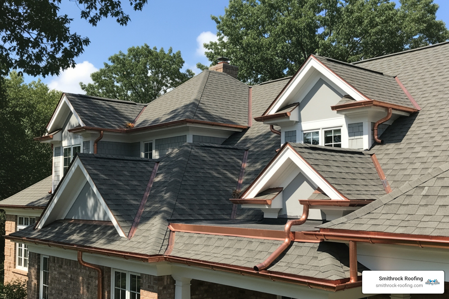 image of a complex roof with multiple gables and valleys requiring intricate gutter work - price of guttering per metre