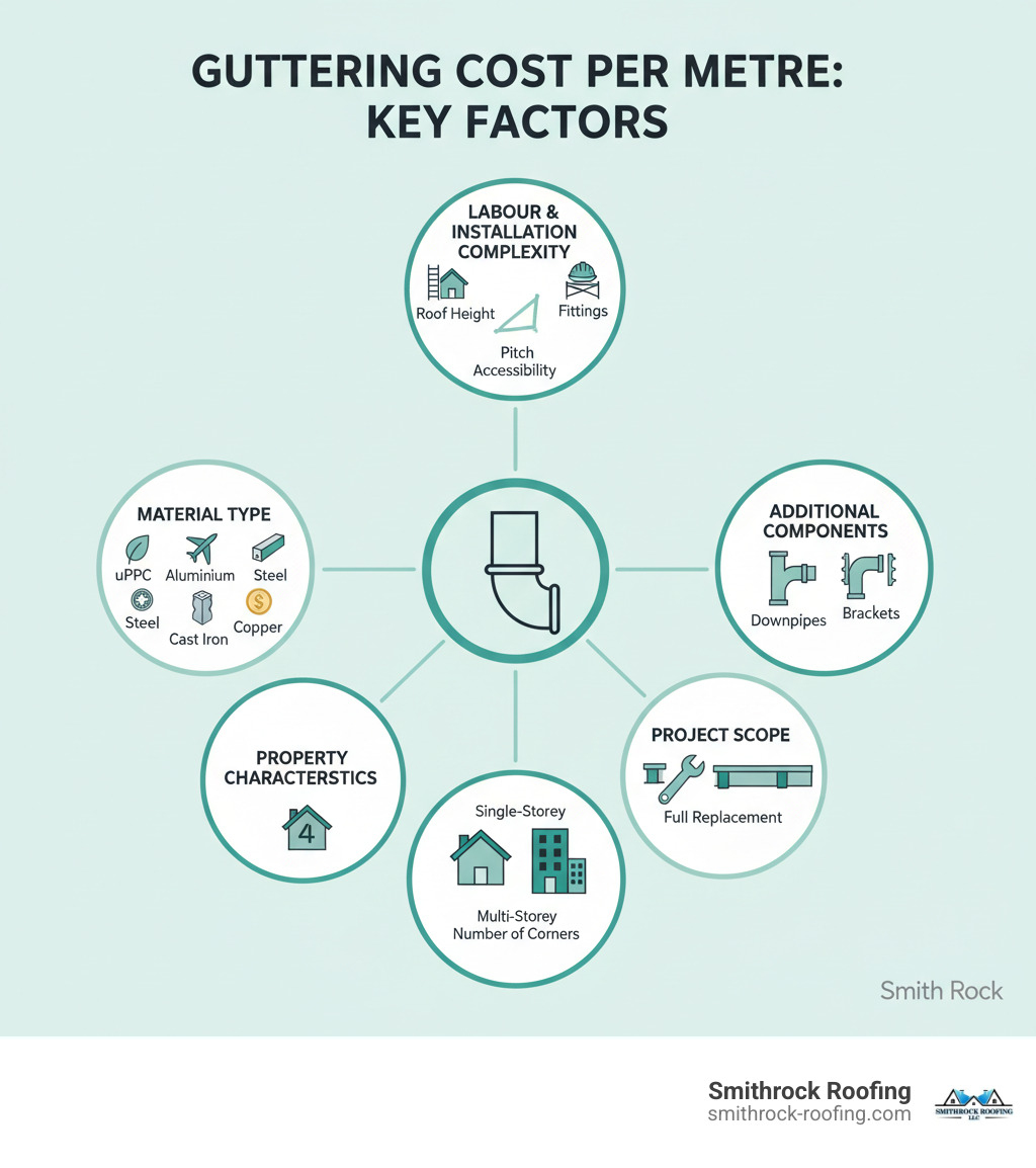infographic showing the main factors affecting guttering cost per metre including material type (uPVC, aluminium, steel, cast iron, copper), labour and installation complexity (roof height, pitch, accessibility), additional components (downpipes, fittings, brackets), project scope (full replacement vs partial repair), and property characteristics (single vs multi-storey, number of corners) - price of guttering per metre infographic 
