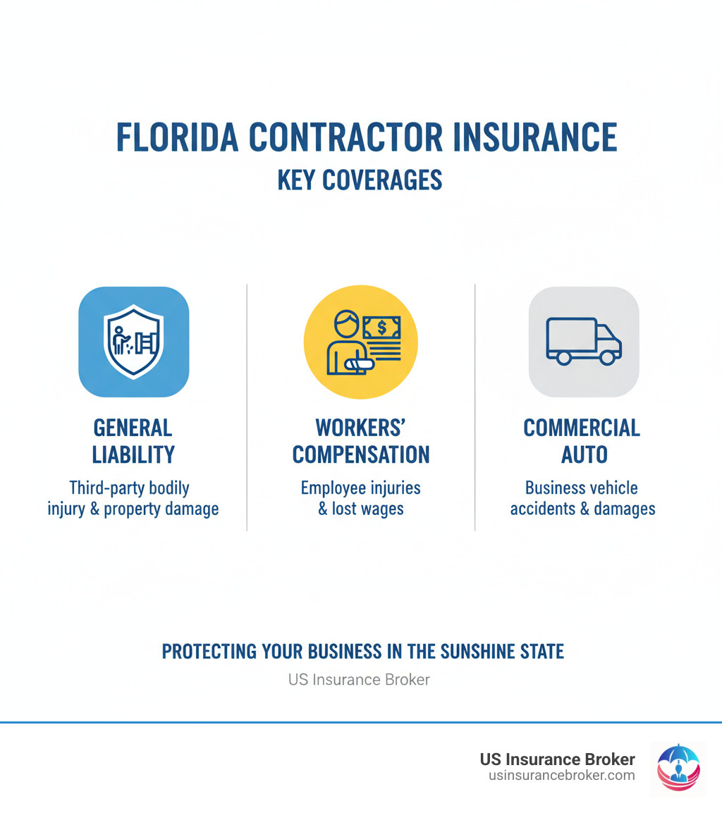 infographic showing three main insurance types for Florida contractors: General Liability covering third-party injuries and property damage, Workers' Compensation covering employee injuries and lost wages, and Commercial Auto covering business vehicle accidents - florida contractor liability insurance infographic 
