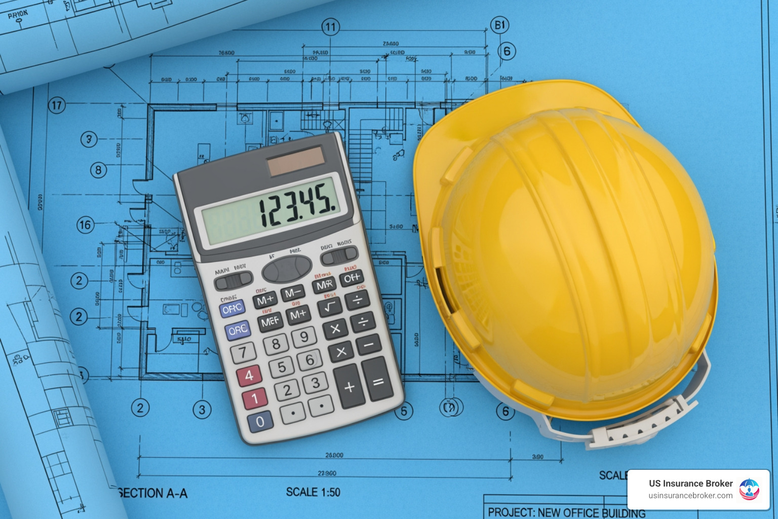 calculator and a hard hat on a blueprint - florida contractor liability insurance