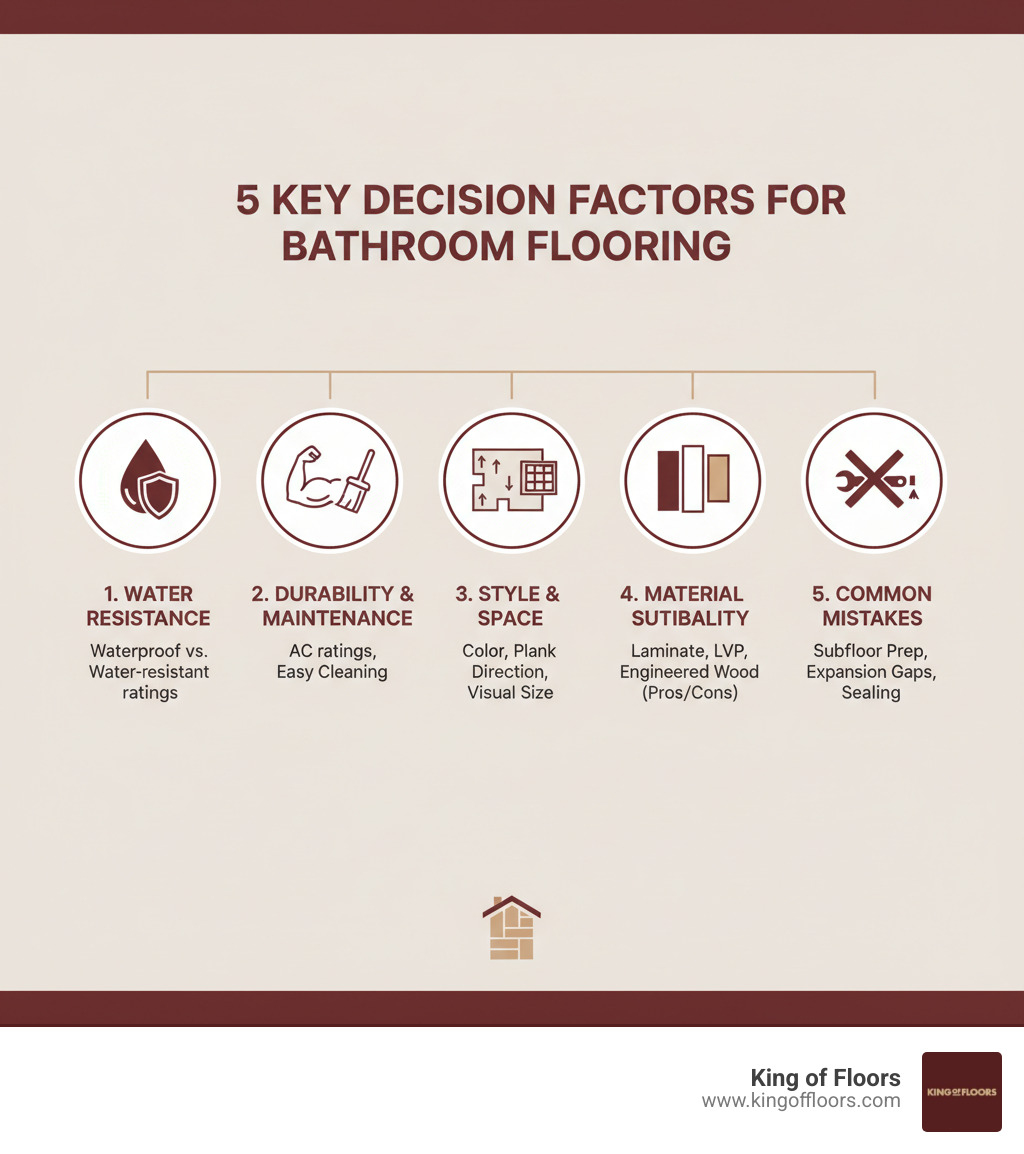 Infographic showing 5 key decision factors for bathroom flooring: 1. Water Resistance (waterproof vs water-resistant ratings), 2. Durability and Maintenance (AC ratings, ease of cleaning), 3. Style and Space (color, plank direction, visual size impact), 4. Material Suitability (laminate, LVP, engineered wood pros and cons), 5. Common Mistakes to Avoid (subfloor prep, expansion gaps, sealing) - flooring for bathrooms infographic Infographic showing 5 key decision factors for bathroom flooring: 1. Water Resistance (waterproof vs water-resistant ratings), 2. Durability and Maintenance (AC ratings, ease of cleaning), 3. Style and Space (color, plank direction, visual size impact), 4. Material Suitability (laminate, LVP, engineered wood pros and cons), 5. Common Mistakes to Avoid (subfloor prep, expansion gaps, sealing) - flooring for bathrooms infographic