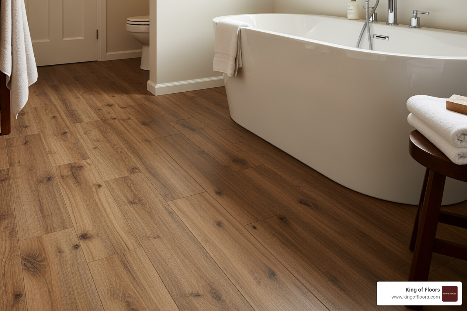 Perfectly installed luxury vinyl plank floor meeting a tub with a seamless finish - flooring for bathrooms Perfectly installed luxury vinyl plank floor meeting a tub with a seamless finish - flooring for bathrooms