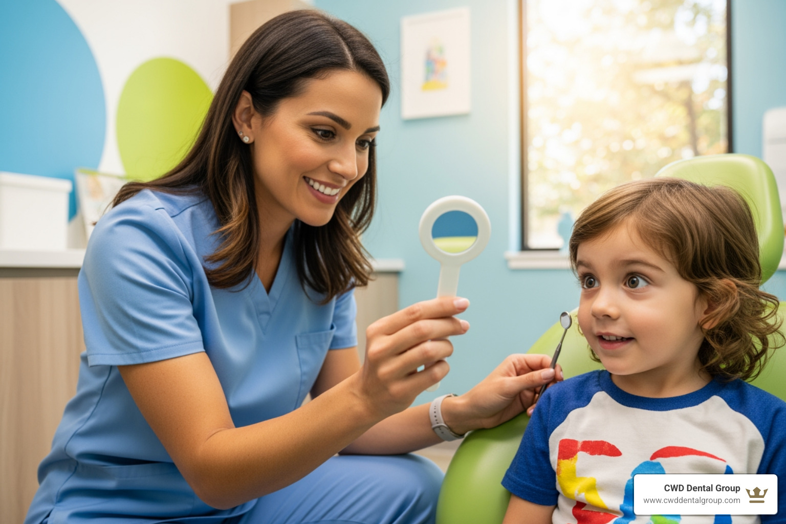 friendly pediatric dentist showing young child a dental tool - children dental near me
