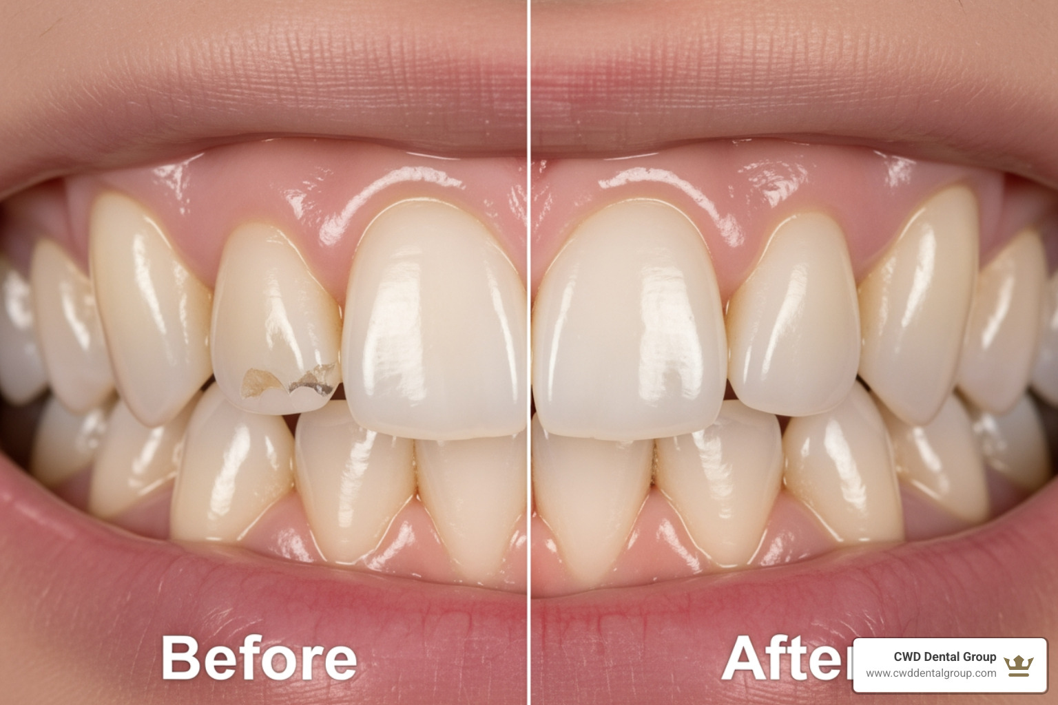Before and after images of a chipped front tooth repaired with dental bonding, showing a seamless restoration. - good cosmetic dentist near me Before and after images of a chipped front tooth repaired with dental bonding, showing a seamless restoration. - good cosmetic dentist near me
