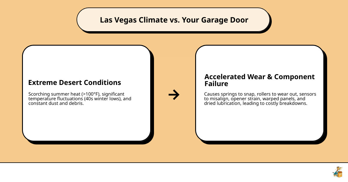 infographic showing how extreme Las Vegas heat, dust, and temperature fluctuations damage garage door springs, rollers, sensors, and seals, with maintenance solutions for each component - garage door maintenance las vegas nv infographic cause_effect_text