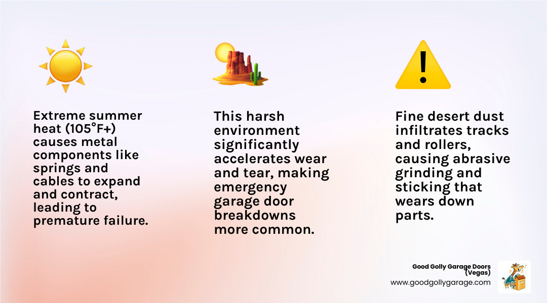 Infographic showing how Las Vegas extreme heat causes metal garage door components like springs and tracks to expand and contract leading to premature wear, while fine desert dust acts like sandpaper in rollers and tracks causing grinding, sticking, and sudden failures, with temperature icon showing 105°F+ and dust particles illustrated - emergency broken garage door las vegas nv infographic 3_facts_emoji_light-gradient Infographic showing how Las Vegas extreme heat causes metal garage door components like springs and tracks to expand and contract leading to premature wear, while fine desert dust acts like sandpaper in rollers and tracks causing grinding, sticking, and sudden failures, with temperature icon showing 105°F+ and dust particles illustrated - emergency broken garage door las vegas nv infographic 3_facts_emoji_light-gradient
