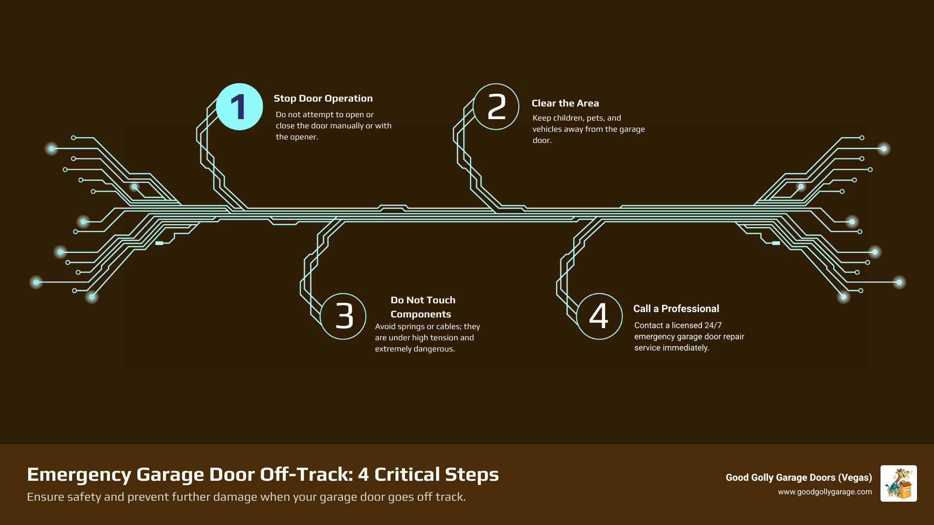 Infographic showing the four critical steps when facing an emergency garage door off track: 1. Stop all door operation immediately, 2. Keep family and pets away from the garage area, 3. Do not touch springs or cables due to high tension, 4. Contact a licensed 24/7 emergency garage door repair service - emergency garage door off track anthem nv infographic infographic-4-steps-tech Infographic showing the four critical steps when facing an emergency garage door off track: 1. Stop all door operation immediately, 2. Keep family and pets away from the garage area, 3. Do not touch springs or cables due to high tension, 4. Contact a licensed 24/7 emergency garage door repair service - emergency garage door off track anthem nv infographic infographic-4-steps-tech