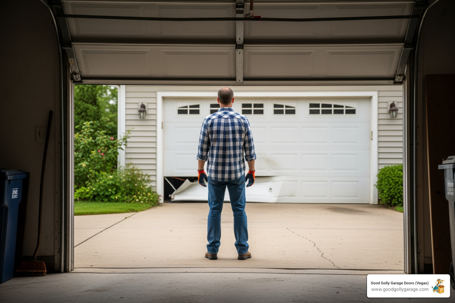image of a homeowner safely waiting away from the garage door - emergency broken garage door las vegas nv image of a homeowner safely waiting away from the garage door - emergency broken garage door las vegas nv