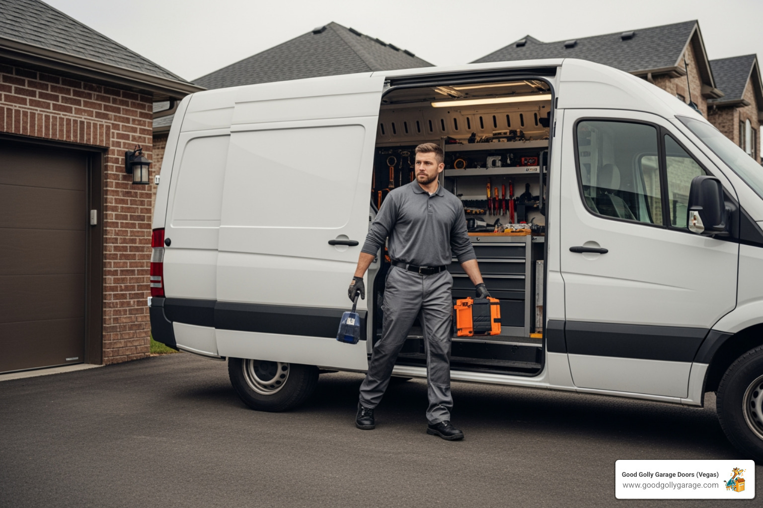 image of a professional technician arriving in a fully stocked service vehicle - emergency broken garage door las vegas nv image of a professional technician arriving in a fully stocked service vehicle - emergency broken garage door las vegas nv