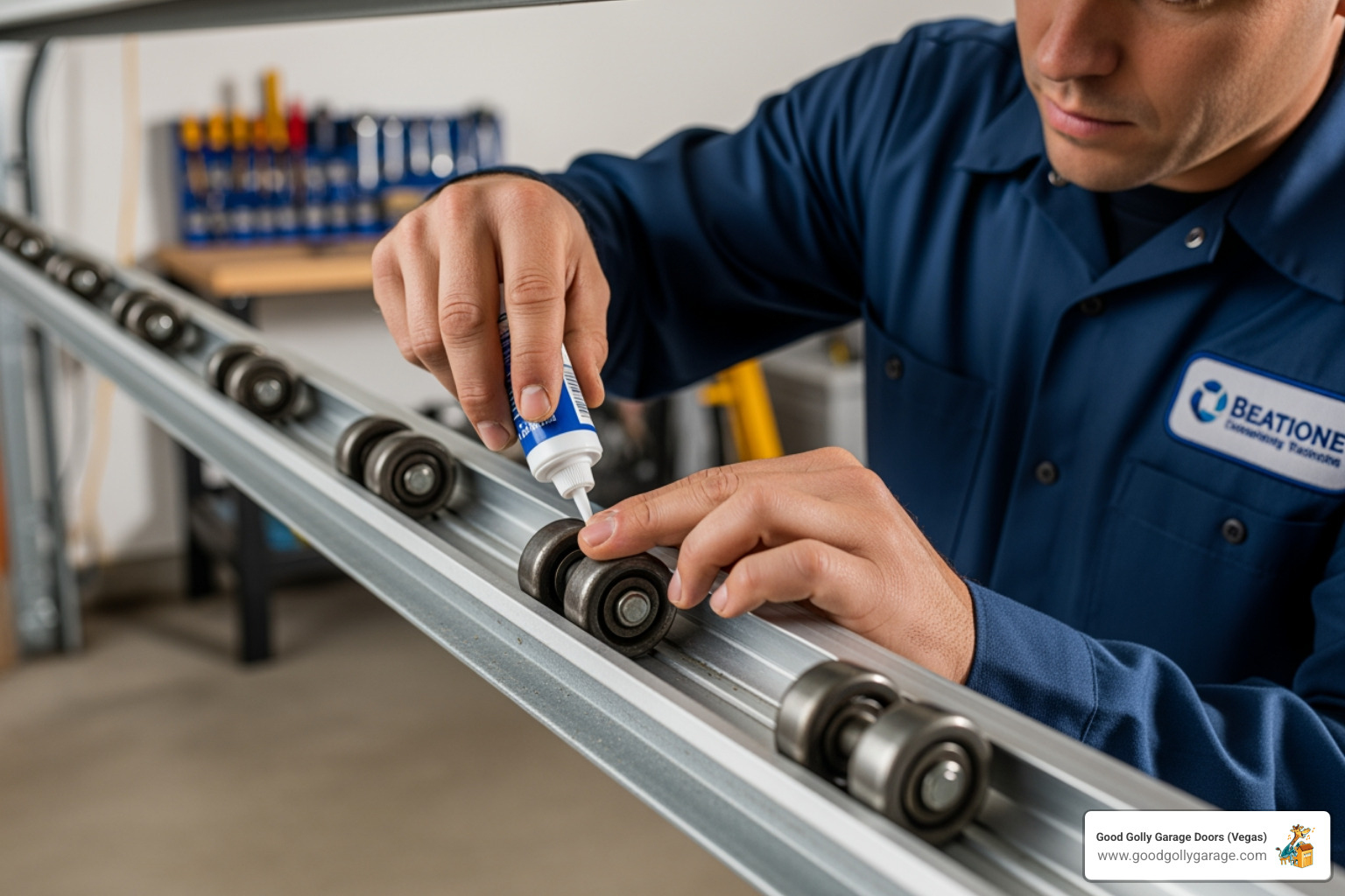 A technician lubricating garage door rollers as part of a maintenance check - emergency garage door off track anthem nv A technician lubricating garage door rollers as part of a maintenance check - emergency garage door off track anthem nv